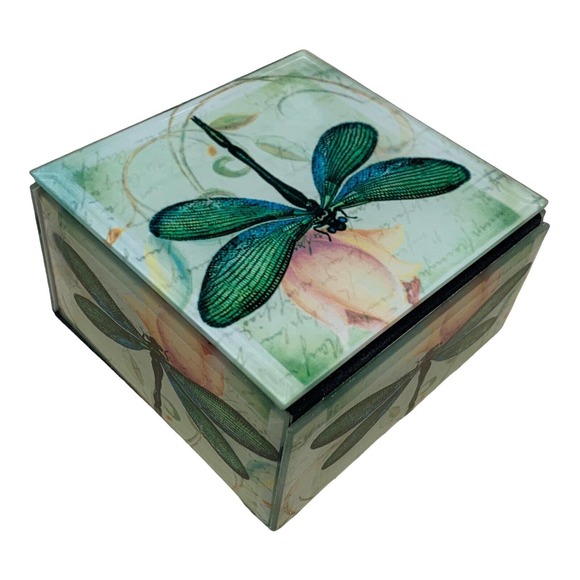 Dragonfly Keepsake Box Jewelry & Trinkets, Beveled Glass, Lined, Hinged Lid 4"SQ - Picture 3 of 5